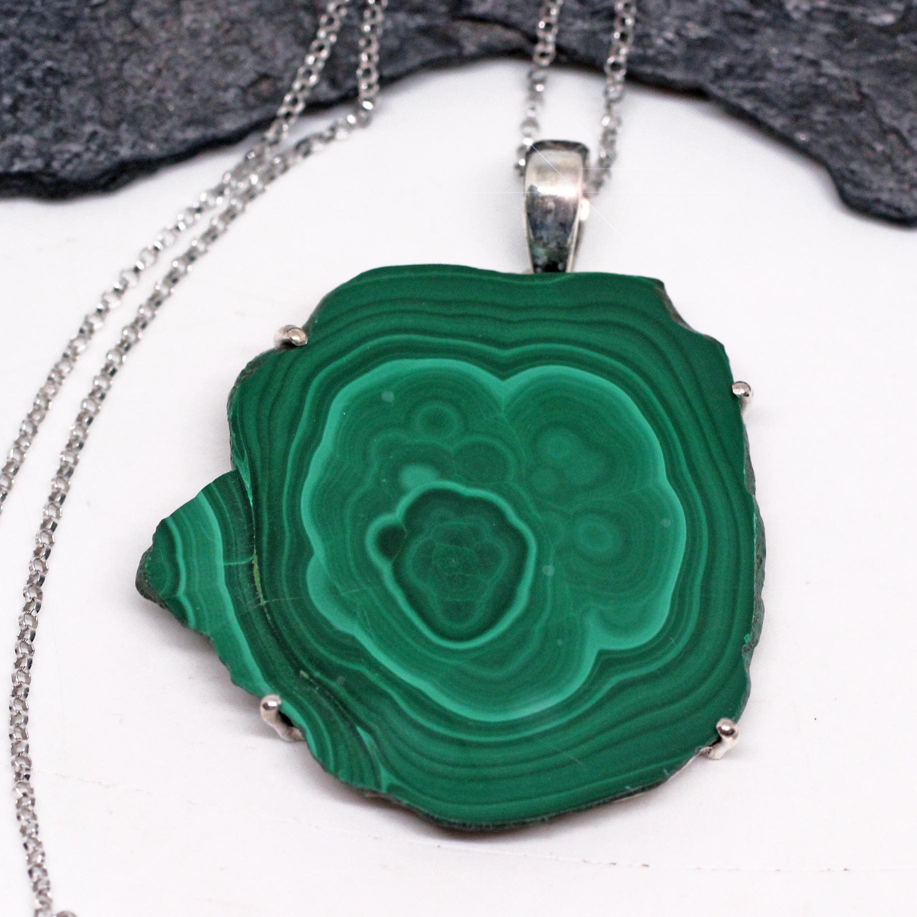The Glory Of Green - Natural Raw Green Malachite Slice Sterling Silver Necklace