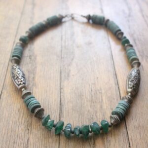 Vintage 70's Malachite Raw Stone and Heishi Bead Necklace