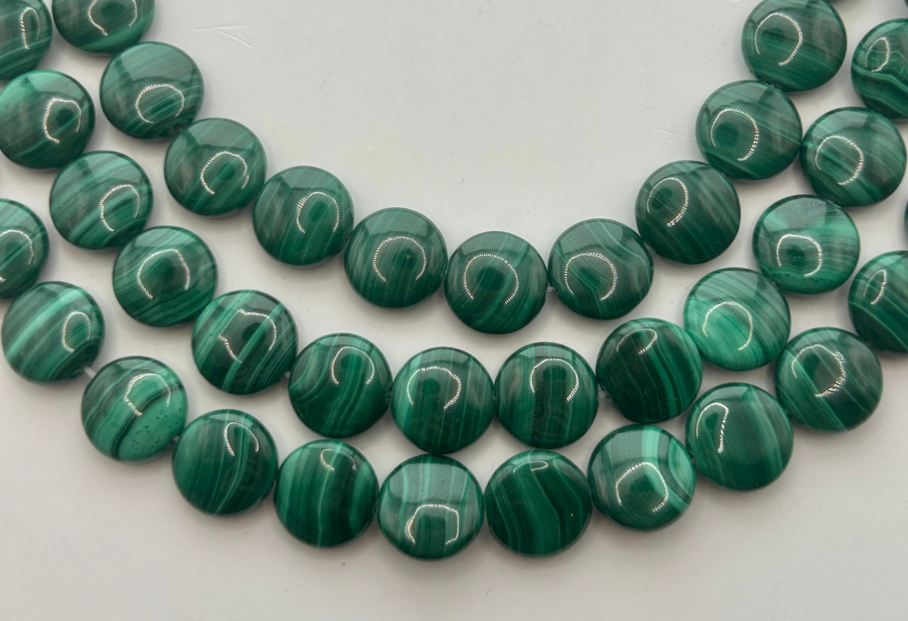 12mm Coin High Quality Malachite Gemstone Beads. 15" Strand Of Banded Green Malachite Beads, 34 Per Strand.