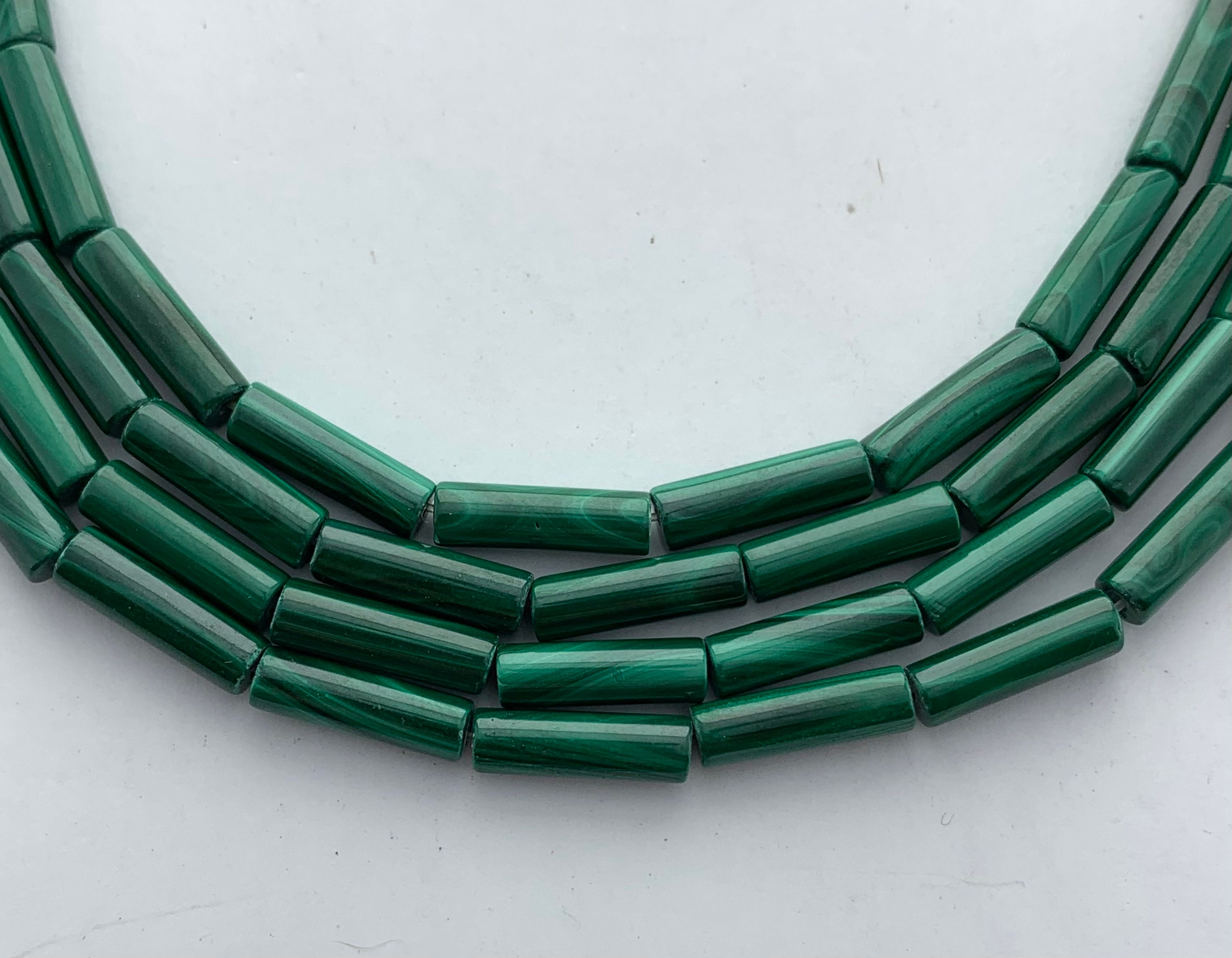 4x13mm Tube Malachite Gemstone Beads. Full 15" Strand Of Banded Green Malachite Beads, 30 Per Strand.