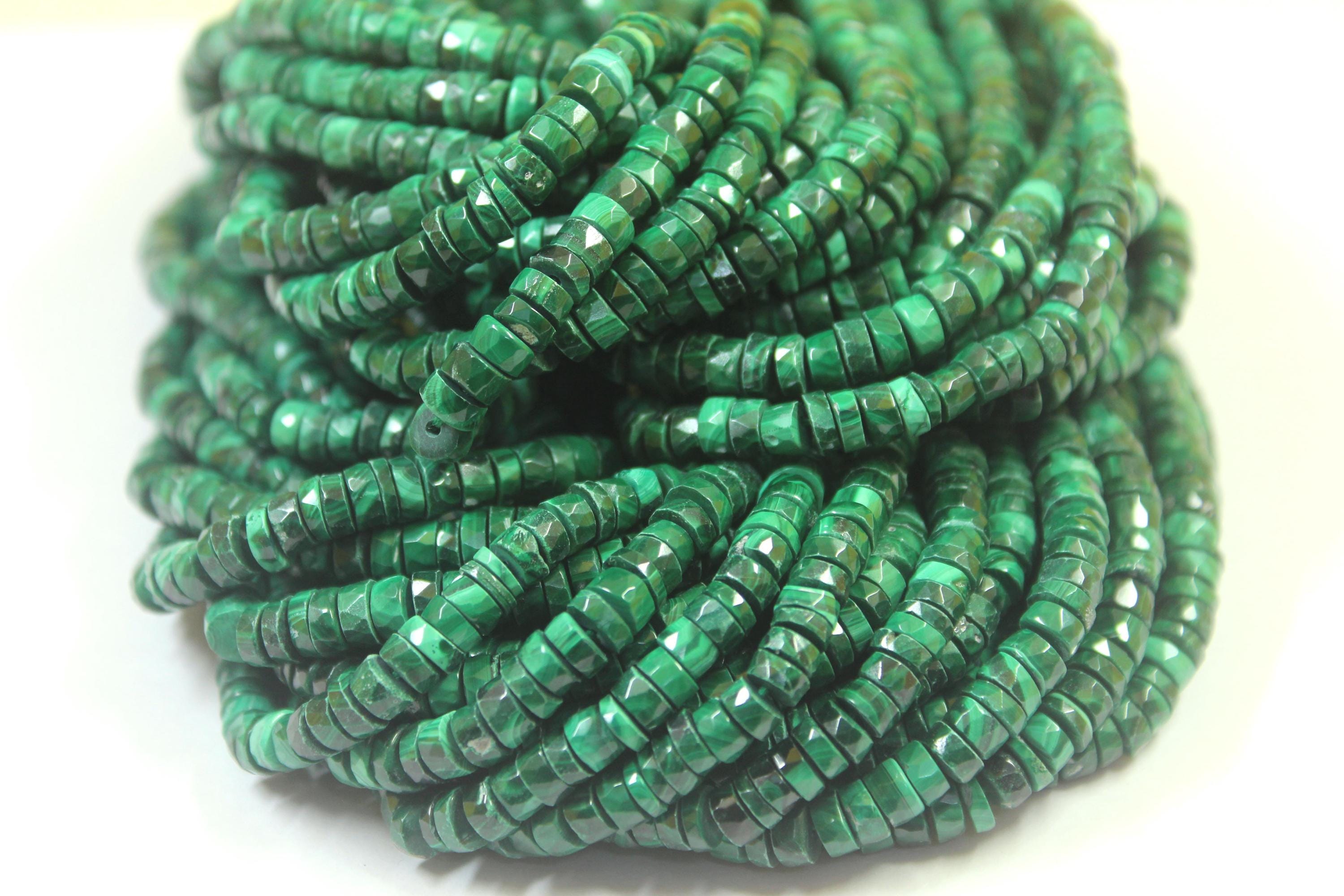 Faceted Malachite Tyre Beads: Green Gemstone Wheel Beads (5-5.5 Mm)