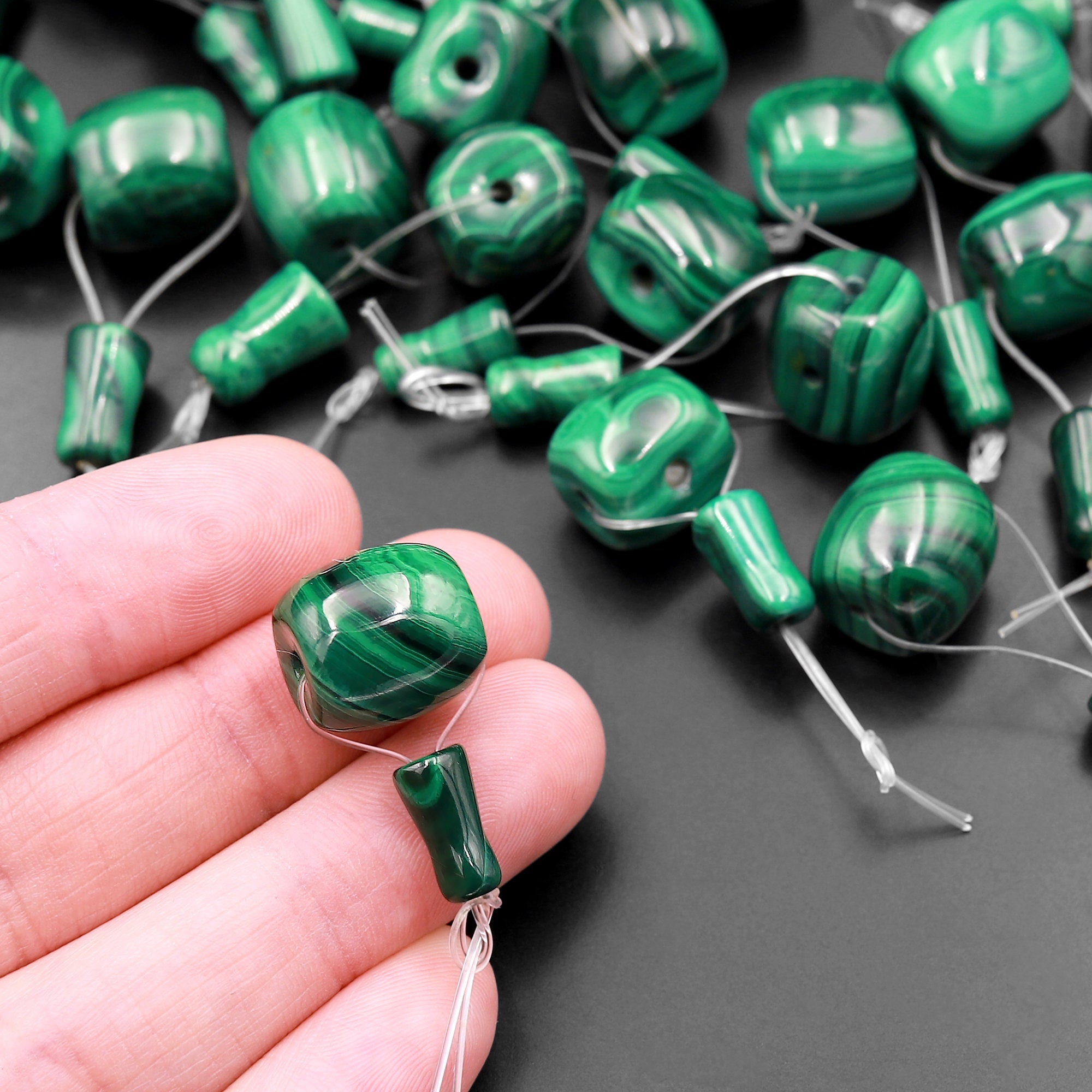 Large Natural Malachite Guru Beads 3 Holes T-beads Set For Mala Making 12mm 14mm