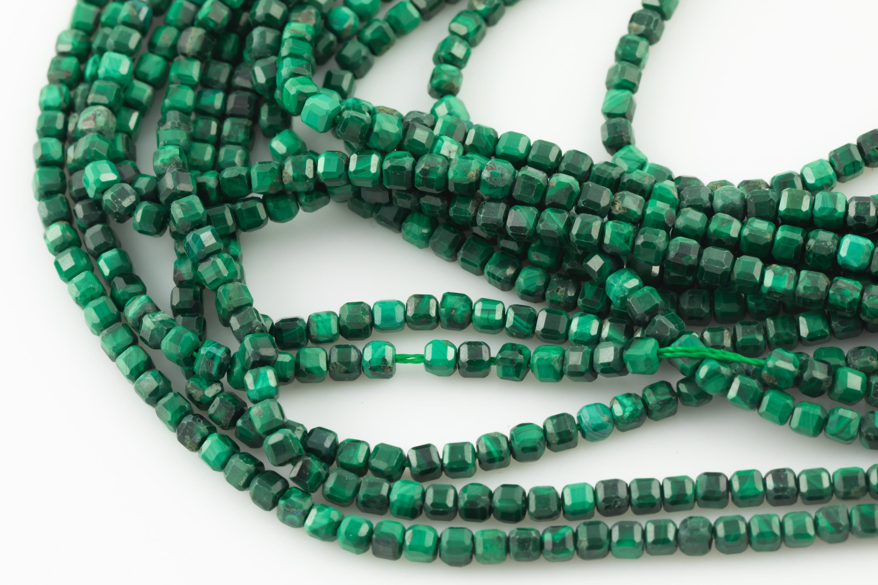 Natural Malachite Faceted Cube Beads Size 3mm 15.5" Strand Natural Malachite Faceted Cube Beads Size 3mm 15.5" Strand