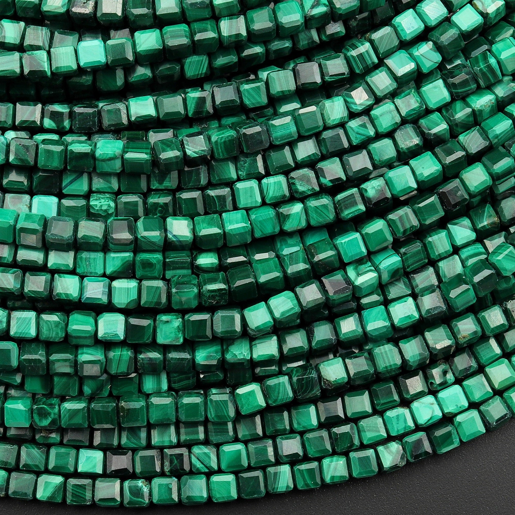 Natural Malachite Faceted 2mm 3mm 4mm Cube Beads Laser Table Cut Gemstone 15.5" Strand Natural Malachite Faceted 2mm 3mm 4mm Cube Beads Laser Table Cut Gemstone 15.5" Strand