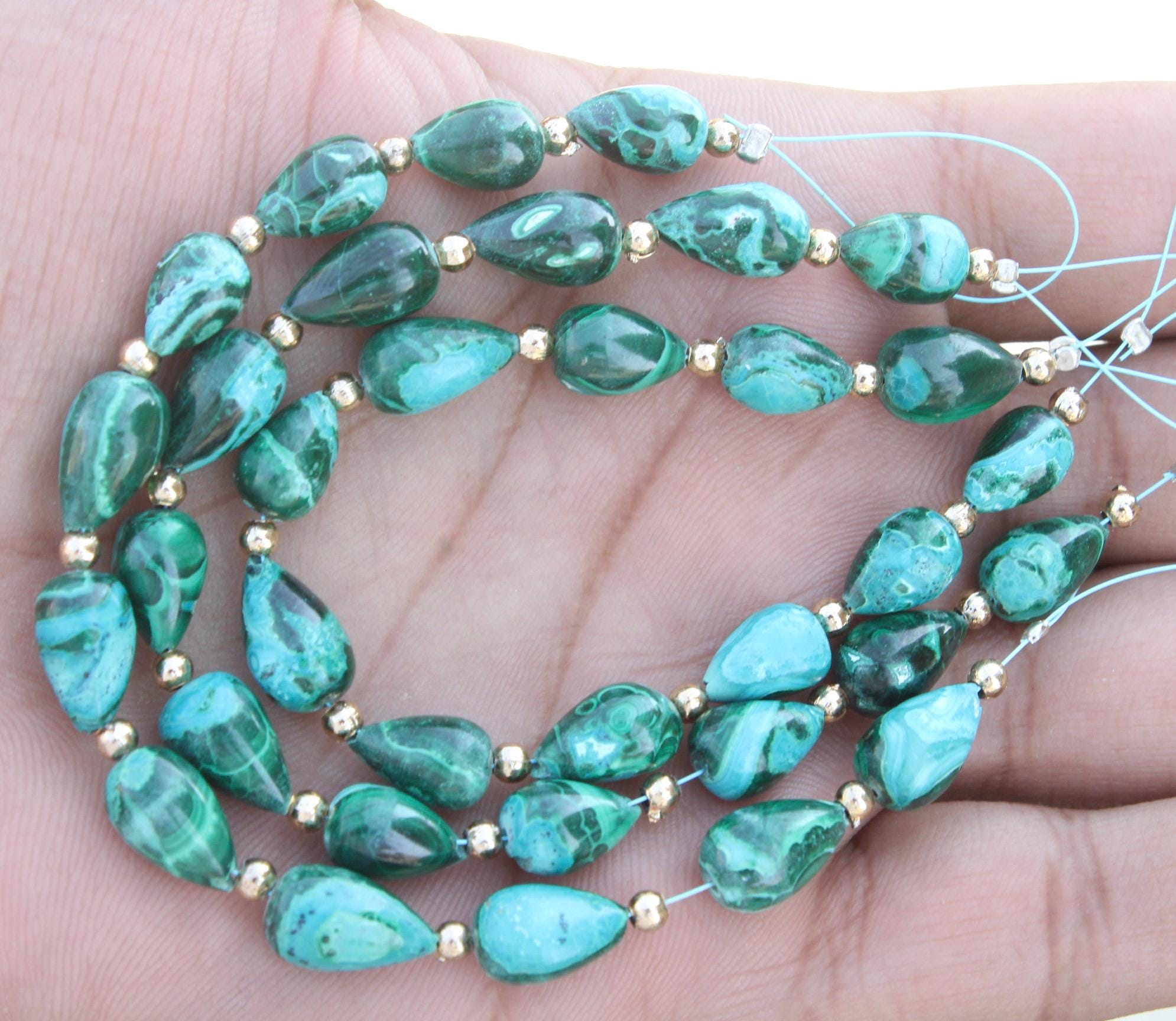 Natural Malachite Gemstone Smooth Briolettes Beads | 11 Pieces Teardrop-shaped | Size: 10--13 Mm Approx. | Jewelry Setting Gems [b031]