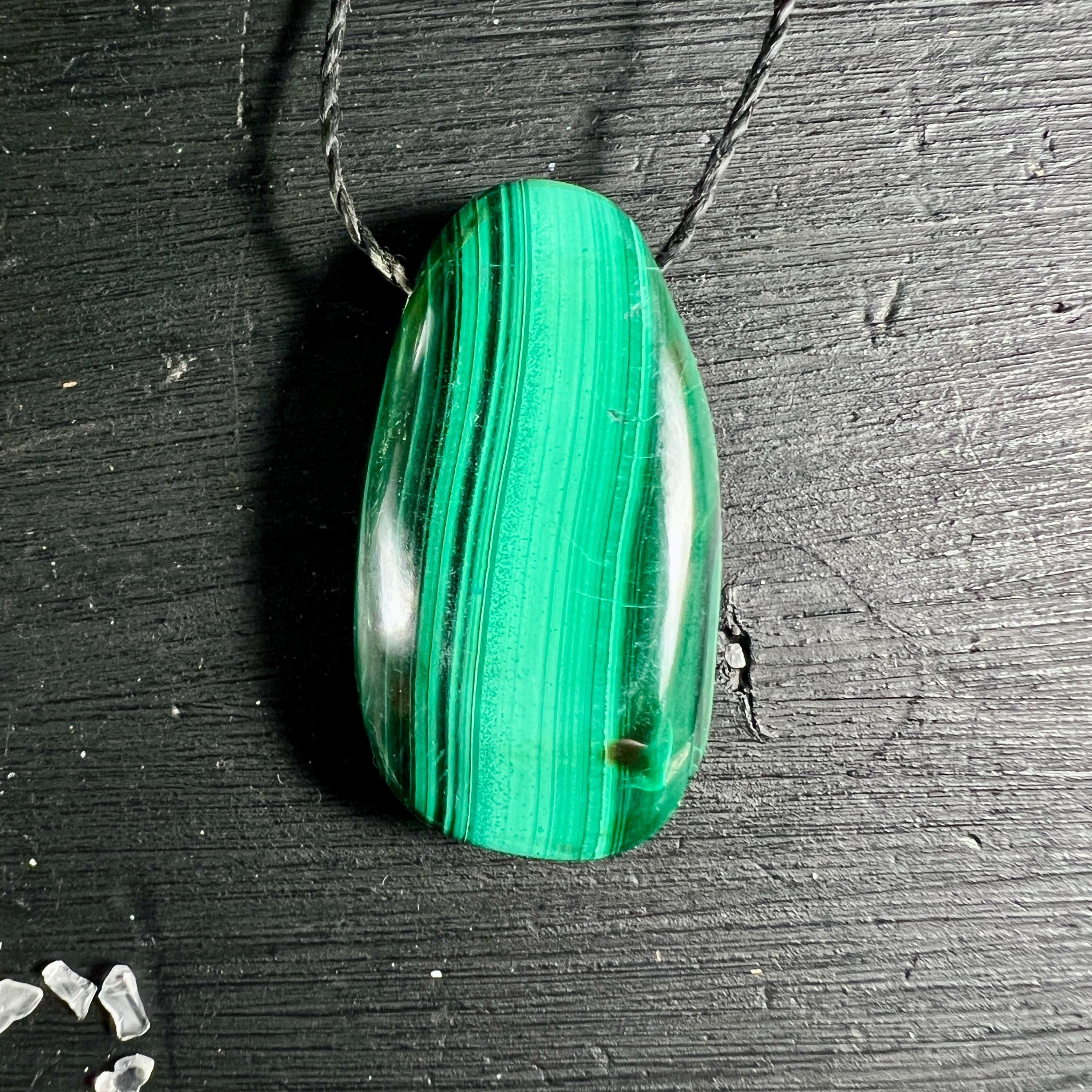 Drilled Malachite Pendant 36mm Green Gemstone With Adjustable Cord