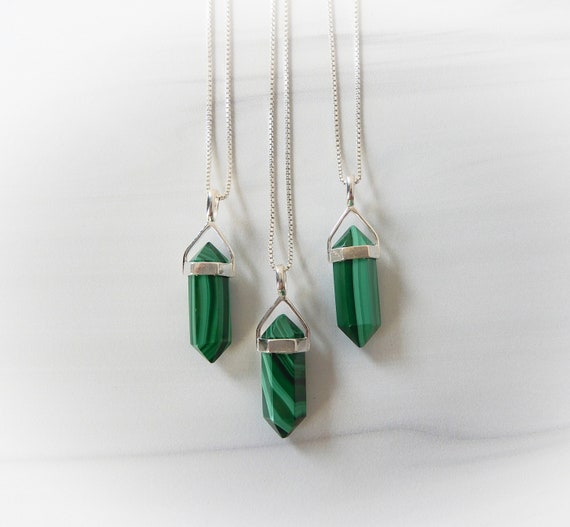 Malachite Gemstone Necklace Sterling Silver • Genuine Malachite • Malachite Point Sterling •malachite Pendant • Green Malachite Point