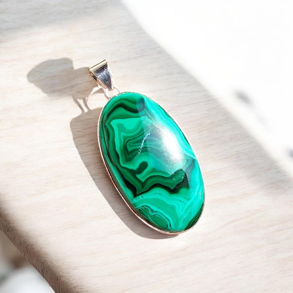 Handmade Malachite 925 Sterling Silver Pendant: Boho Gemstone Jewelry