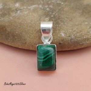 Handmade Malachite Pendant: 925 Sterling Silver Rectangle Necklace