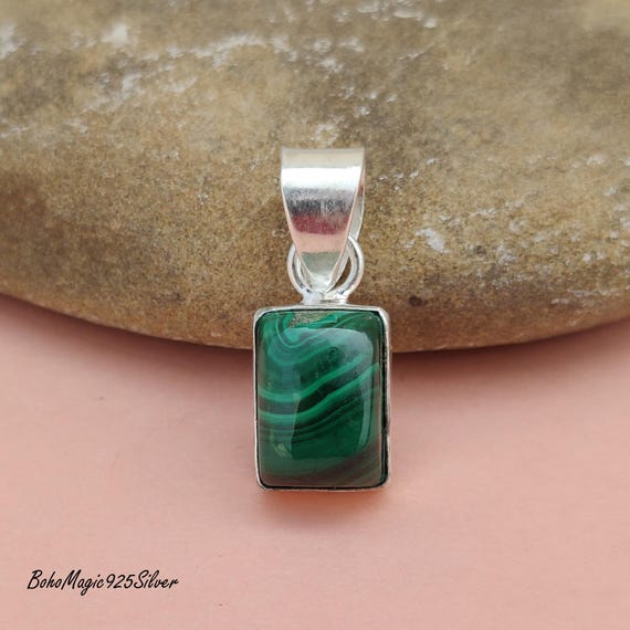 Handmade Malachite Pendant: 925 Sterling Silver Rectangle Necklace