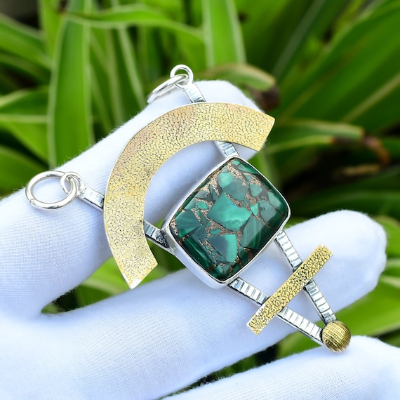 Handmade Copper Malachite Pendant: 925 Sterling Silver, 18k Gold Plated
