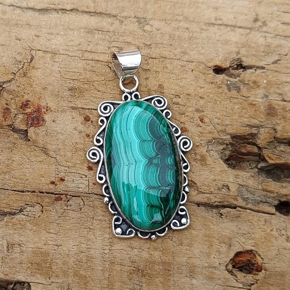 Handmade Malachite Pendant Necklace: 925 Sterling Silver Jewelry