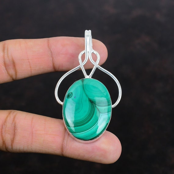 Handmade Oval Malachite Pendant: 925 Sterling Silver, Dainty Jewelry Handmade Oval Malachite Pendant: 925 Sterling Silver, Dainty Jewelry