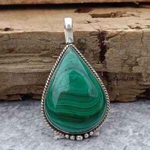Handmade Pear Malachite Pendant: 925 Sterling Silver Necklace