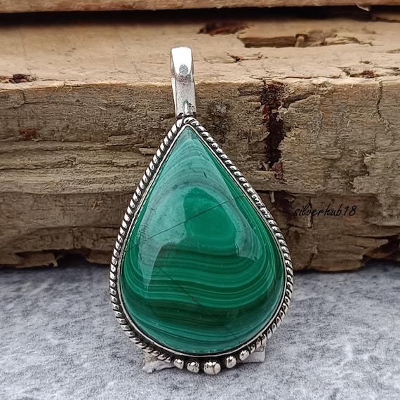 Handmade Pear Malachite Pendant: 925 Sterling Silver Necklace