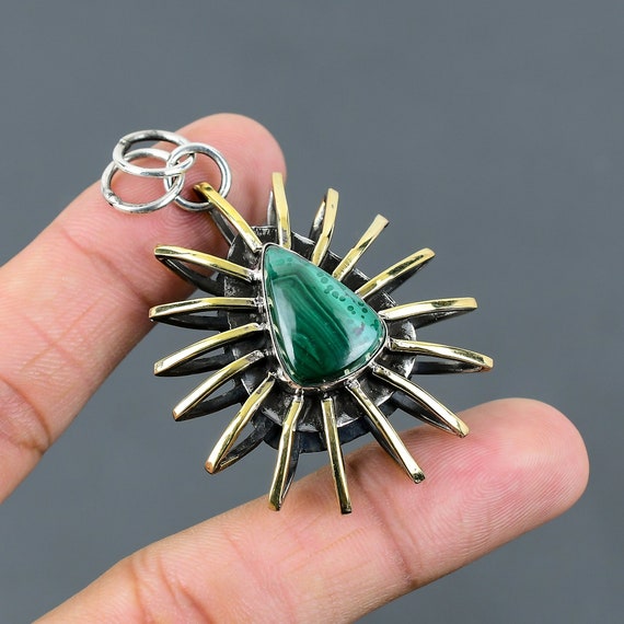 Handmade Pear Malachite Pendant: 925 Sterling Silver 18k Gold Plated Cage Jewelry