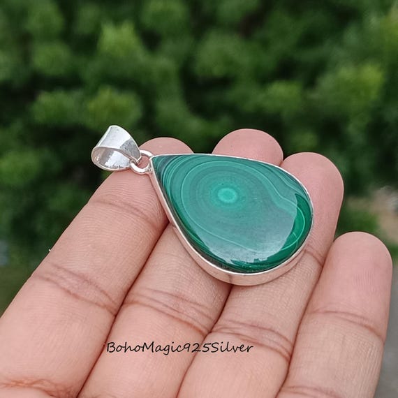 Handmade Pear Malachite Pendant: Sterling Silver Women's Jewelry Handmade Pear Malachite Pendant: Sterling Silver Women's Jewelry