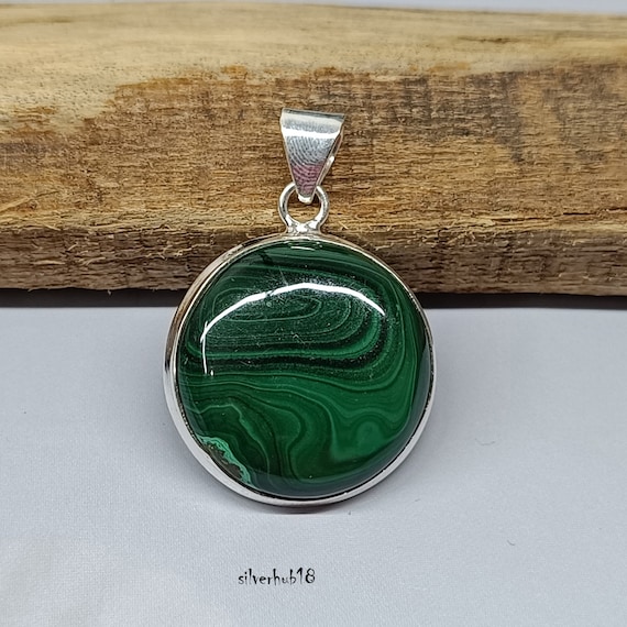 Handmade Round Malachite Pendant, 925 Sterling Silver