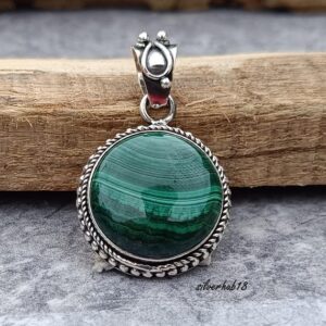 Handmade Round Malachite Pendant: 925 Sterling Silver Necklace