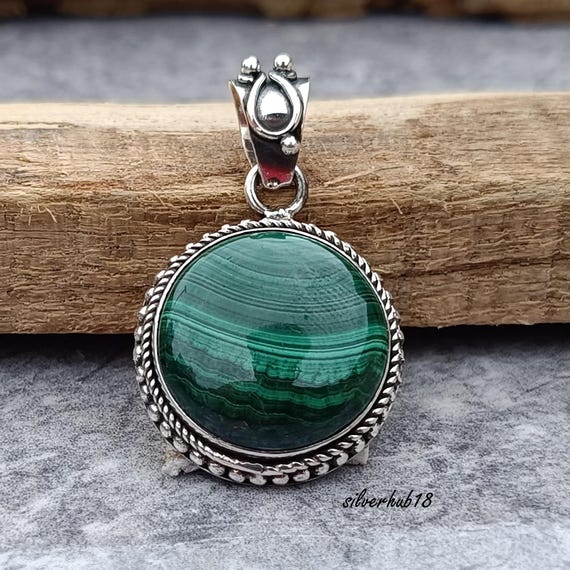 Handmade Round Malachite Pendant: 925 Sterling Silver Necklace