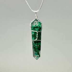 Malachite In Orgonite Wire Wrapped Pendant Necklace