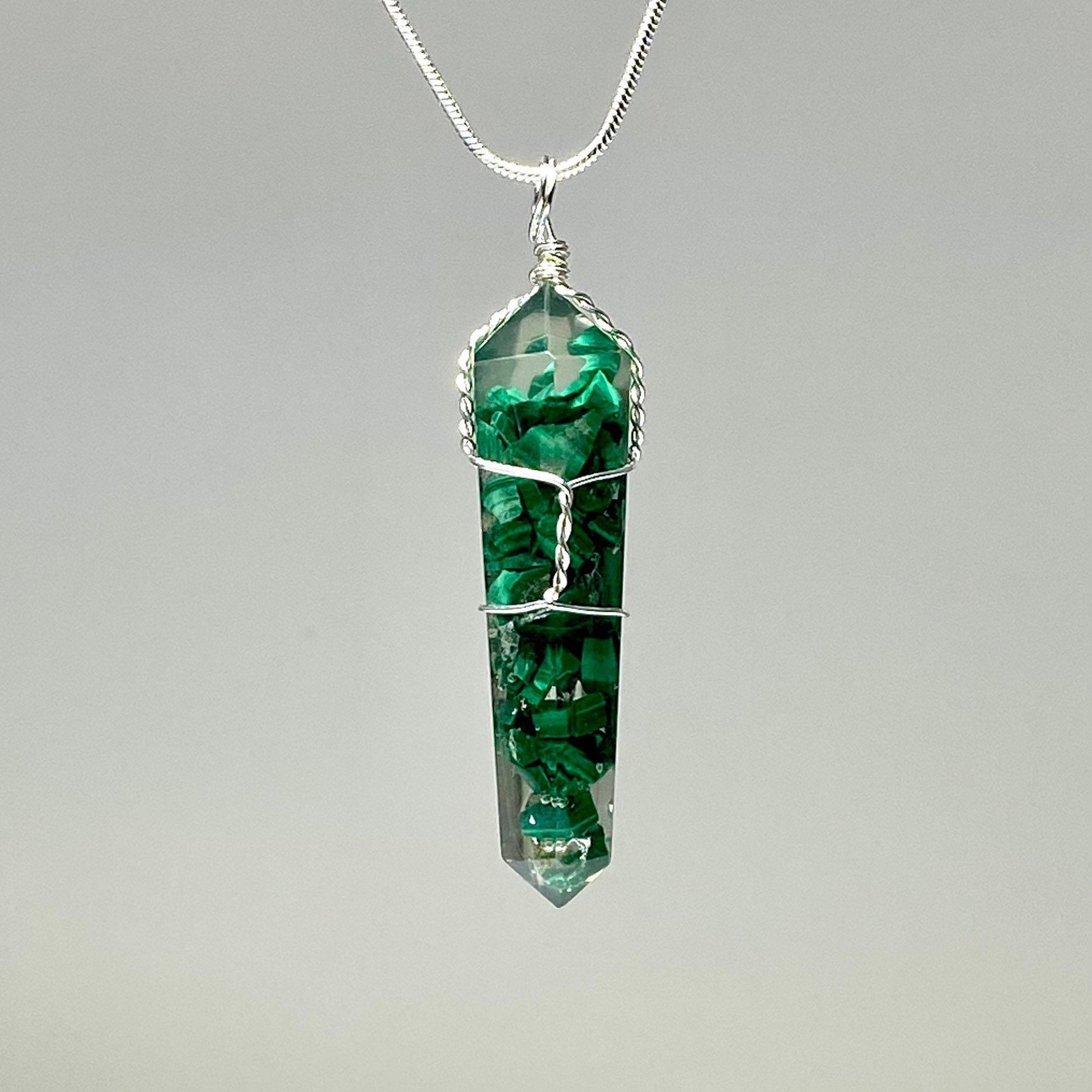 Malachite In Orgonite Wire Wrapped Pendant Necklace