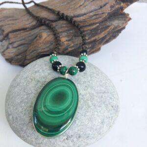 Natural Malachite Macrame Necklace, Sterling Silver Pendant