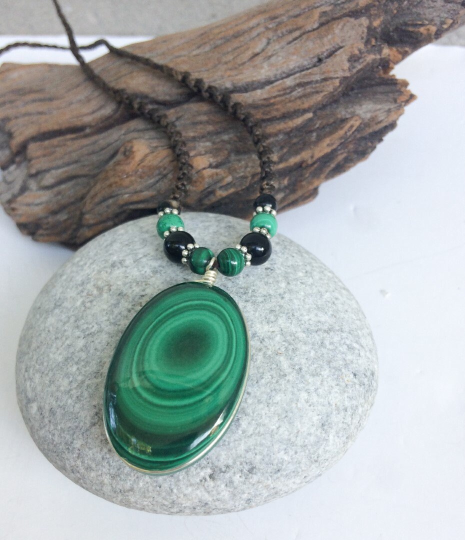Natural Malachite Macrame Necklace, Sterling Silver Pendant