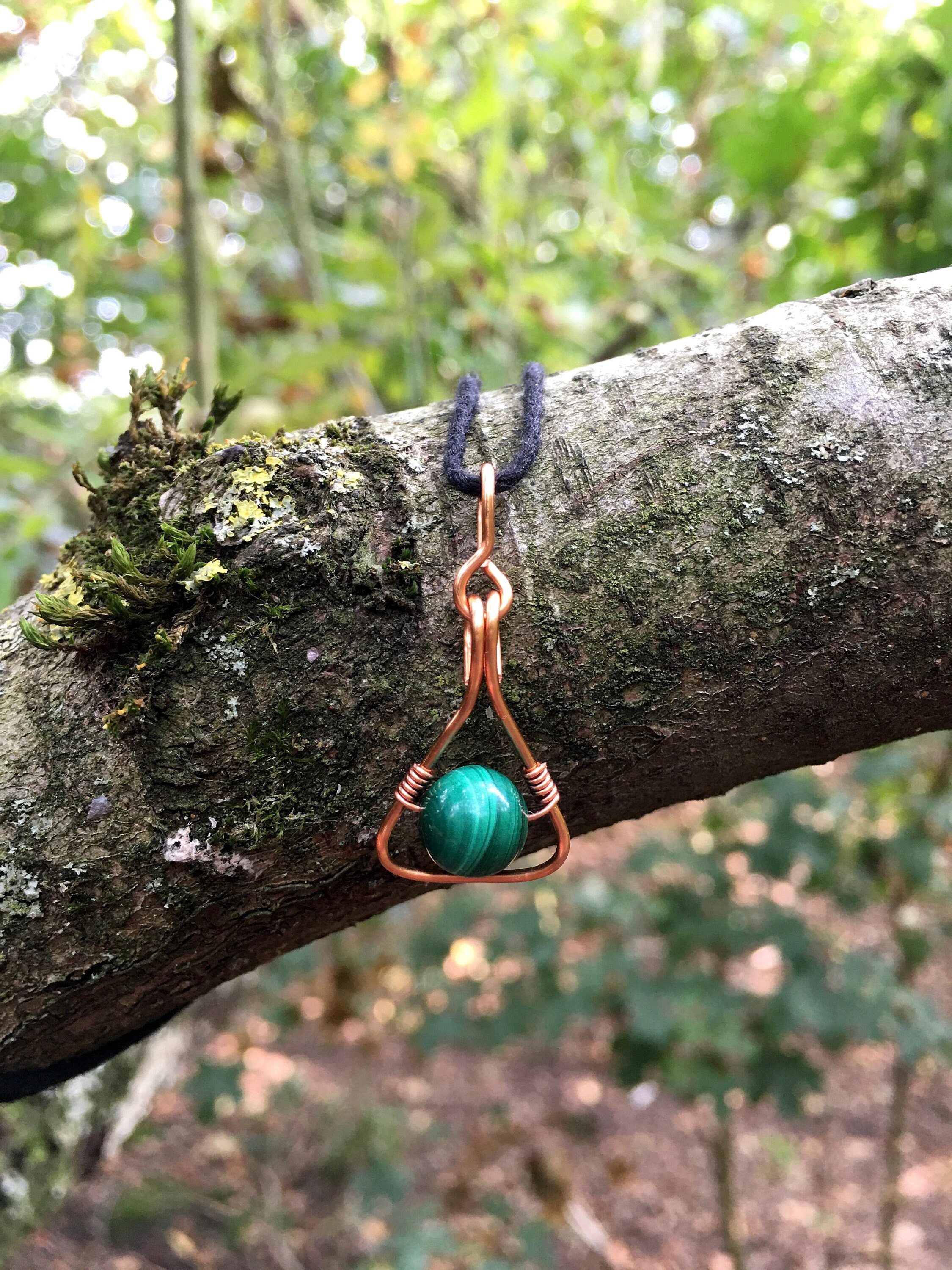 Malachite Pendant Necklace, 8mm Bead, Geometric Copper Wire