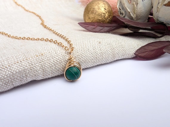 Malachite Necklace, Minimalist 14k Gold Filled Dainty Pendant, Natural Gemstone Gift For Her