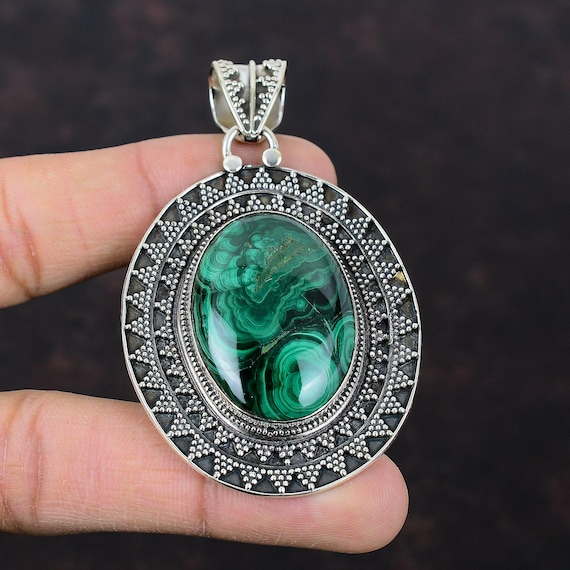 Oval Malachite Pendant: Handmade 925 Sterling Silver, Vintage Style