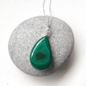 Malachite Silver Pendant, Natural Malachite Asymmetric Teardrop Shape, Green Tones, Unisex, Large Malachite Pendant Necklace, From Israel