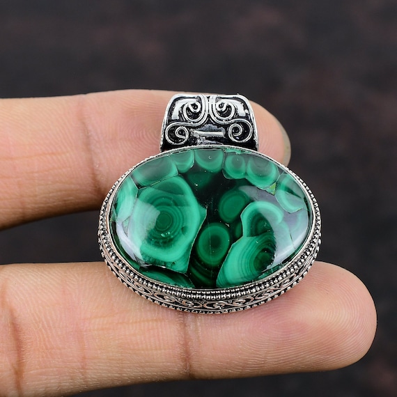 Malachite & Sterling Silver Pendant: Handmade Vintage Gemstone Jewelry