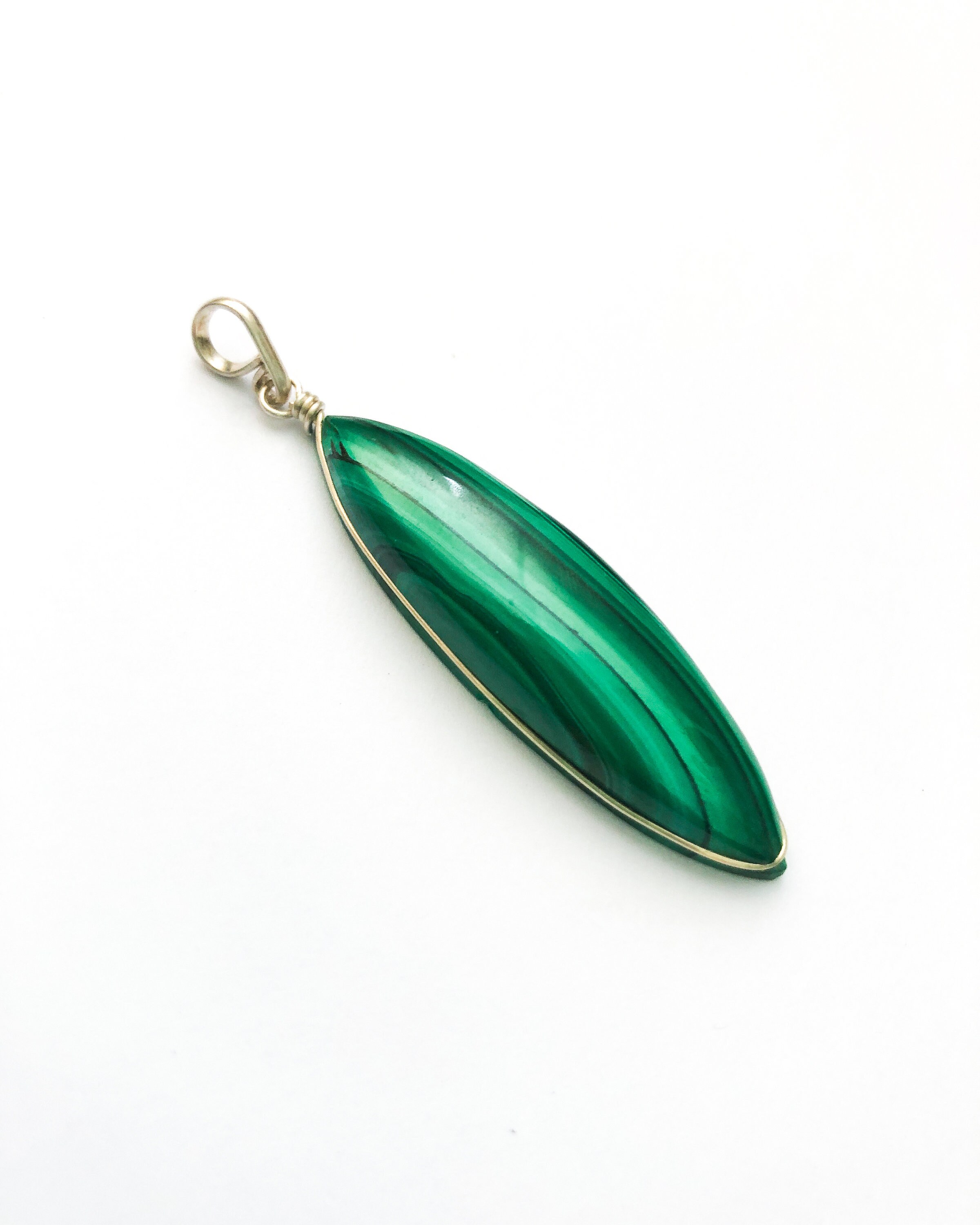 Sterling Silver Malachite Marquise Shaped Pendant, Natural Green Malachite, Long Oval Malachite Pendant, Spiritual Gift, Protection Stone