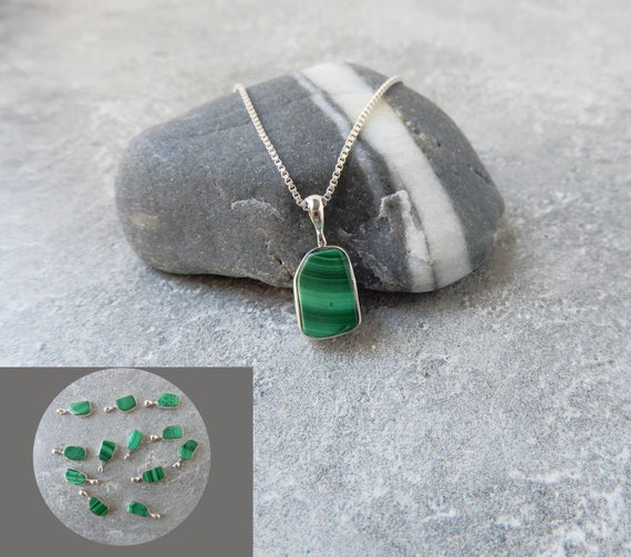 Malachite Sterling Silver Necklace • Genuine Banded Green Malachite • Gift For Crystal Lover • Raw Crystal Pendant •  Affordable Gift