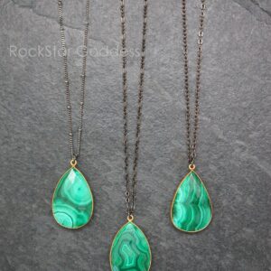 Teardrop Malachite Pendant Necklace: Custom Length Gunmetal Chain, Gold Bezel