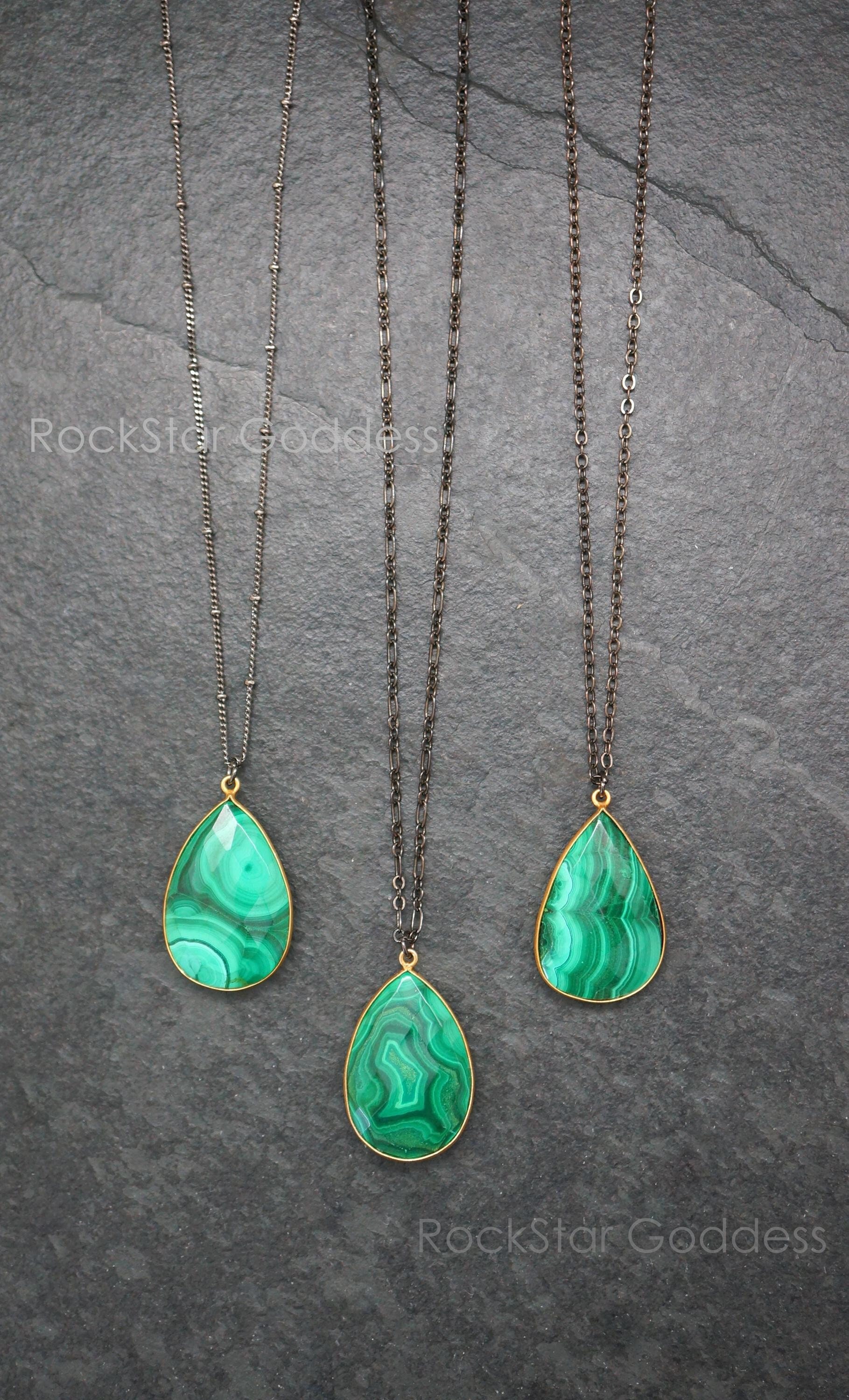 Teardrop Malachite Pendant Necklace: Custom Length Gunmetal Chain, Gold Bezel