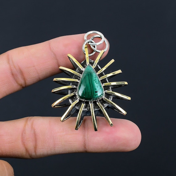Trillion Malachite Pendant, 18k Gold Plated Sterling Silver Cage, Handmade Jewelry
