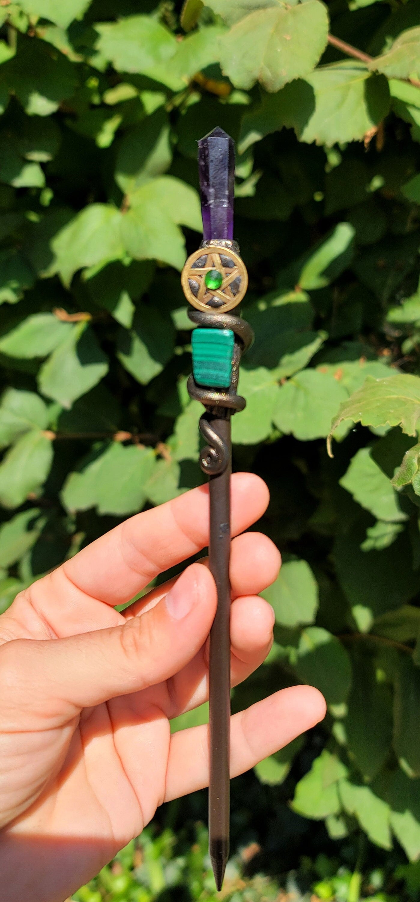 Amethyst,malachite,crystal,hairstick, Bronze, Pentagram, Magic Wand, Witchy,accessories