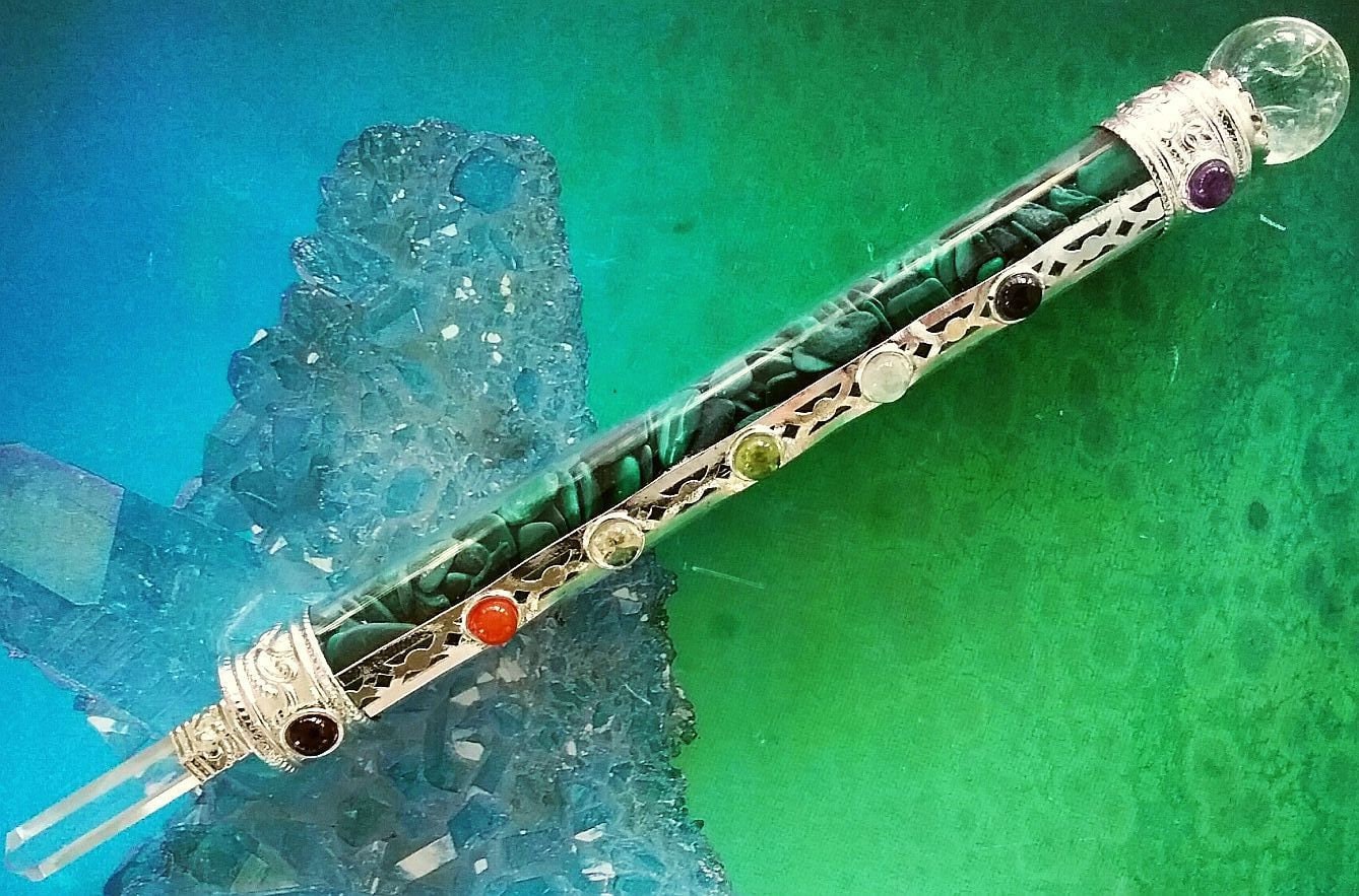 Malachite Crystal Wand: Chakra Stones, Quartz Orb, Silver Band