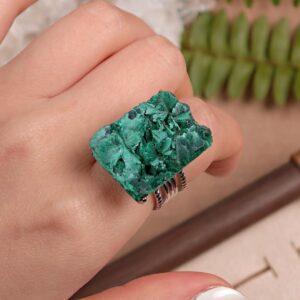 Raw Malachite Silver Plate Large Boho Statement Adjustable Druzy Ring OOAK