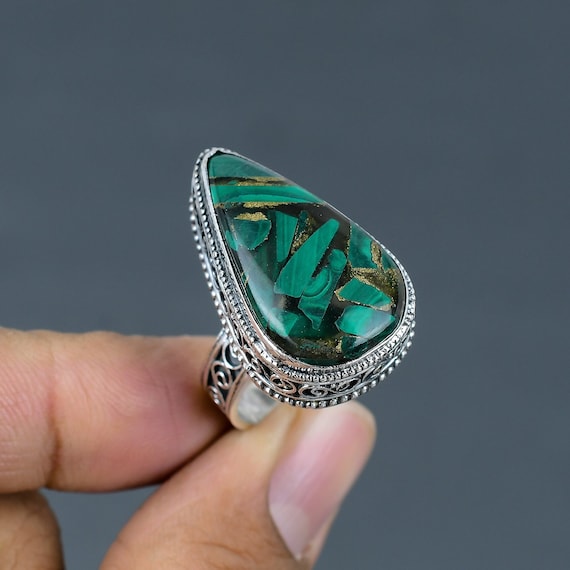 Copper Malachite Ring: Handmade 925 Sterling Silver, Size 9.5 Copper Malachite Ring: Handmade 925 Sterling Silver, Size 9.5
