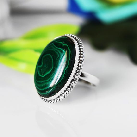 Handmade Malachite Ring: 925 Sterling Silver Gemstone, Size 7 1/4