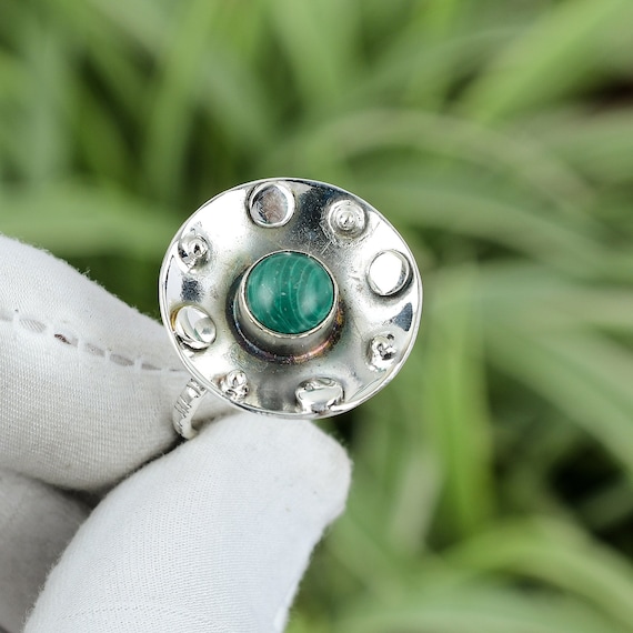 Handmade Malachite Ring: Ethnic 925 Sterling Silver, Size 7.5