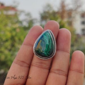 Handmade Malachite Gemstone Ring: 925 Sterling Silver, Dainty Jewelry