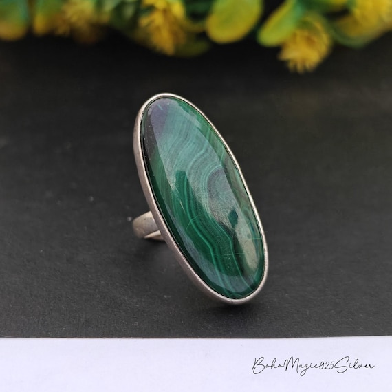 Handmade Malachite Oval Ring: 925 Sterling Silver Gemstone Jewelry
