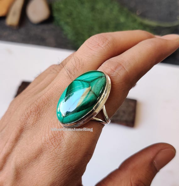 Handmade Oval Malachite Ring: 925 Sterling Silver Statement Ring