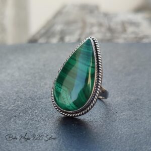 Handmade Malachite Pear Ring: 925 Sterling Silver Statement Jewelry