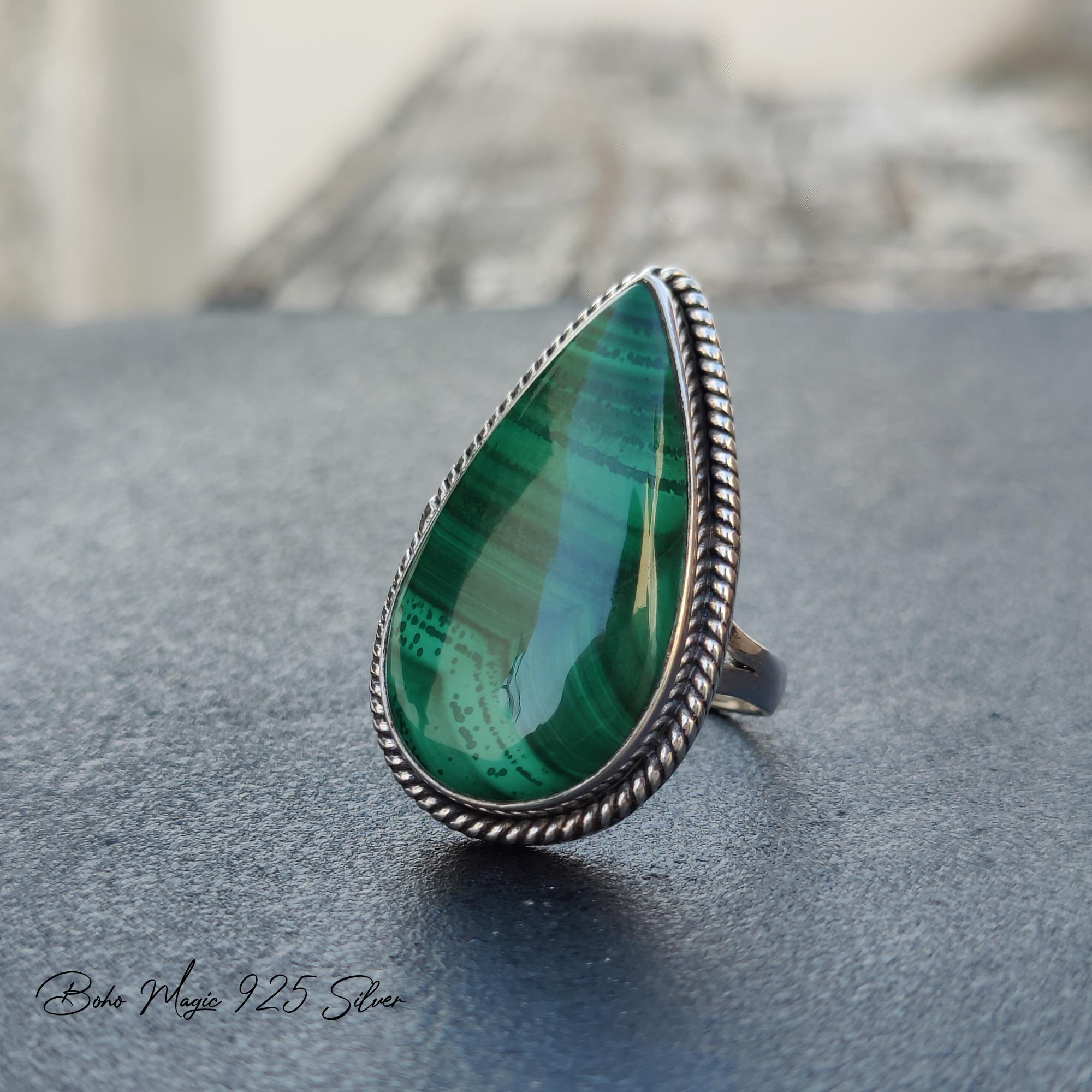 Handmade Malachite Pear Ring: 925 Sterling Silver Statement Jewelry