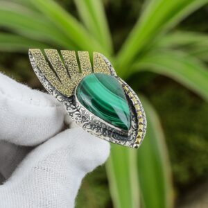 Handmade Pear Malachite Ring: 925 Sterling Silver Adjustable Statement Ring